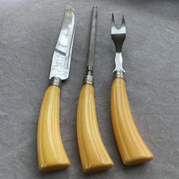 Vintage Sheffield Carving Set, 3pc BAKELITE Handles, Westall Richardson, England - Picture 3 of 8